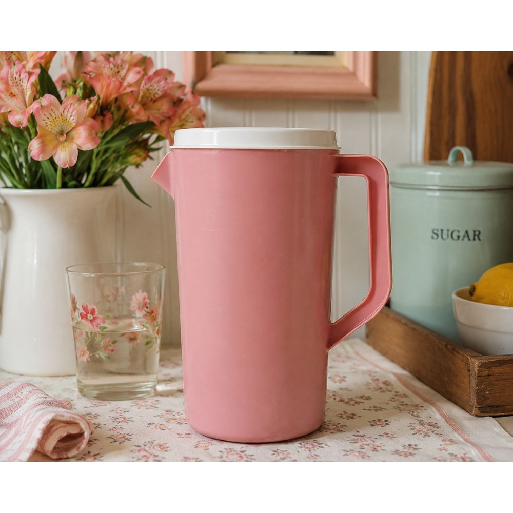 Vintage Rubbermaid Pink Pitcher 2 1/4 Qt 2129 mL White Lid Retro Kitchenware